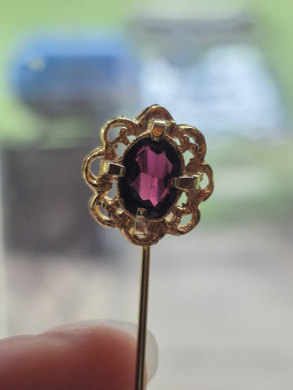 Vintage Gold-Tone Openwork Filigree Stick Pin with Oval Raspberry Red Stone